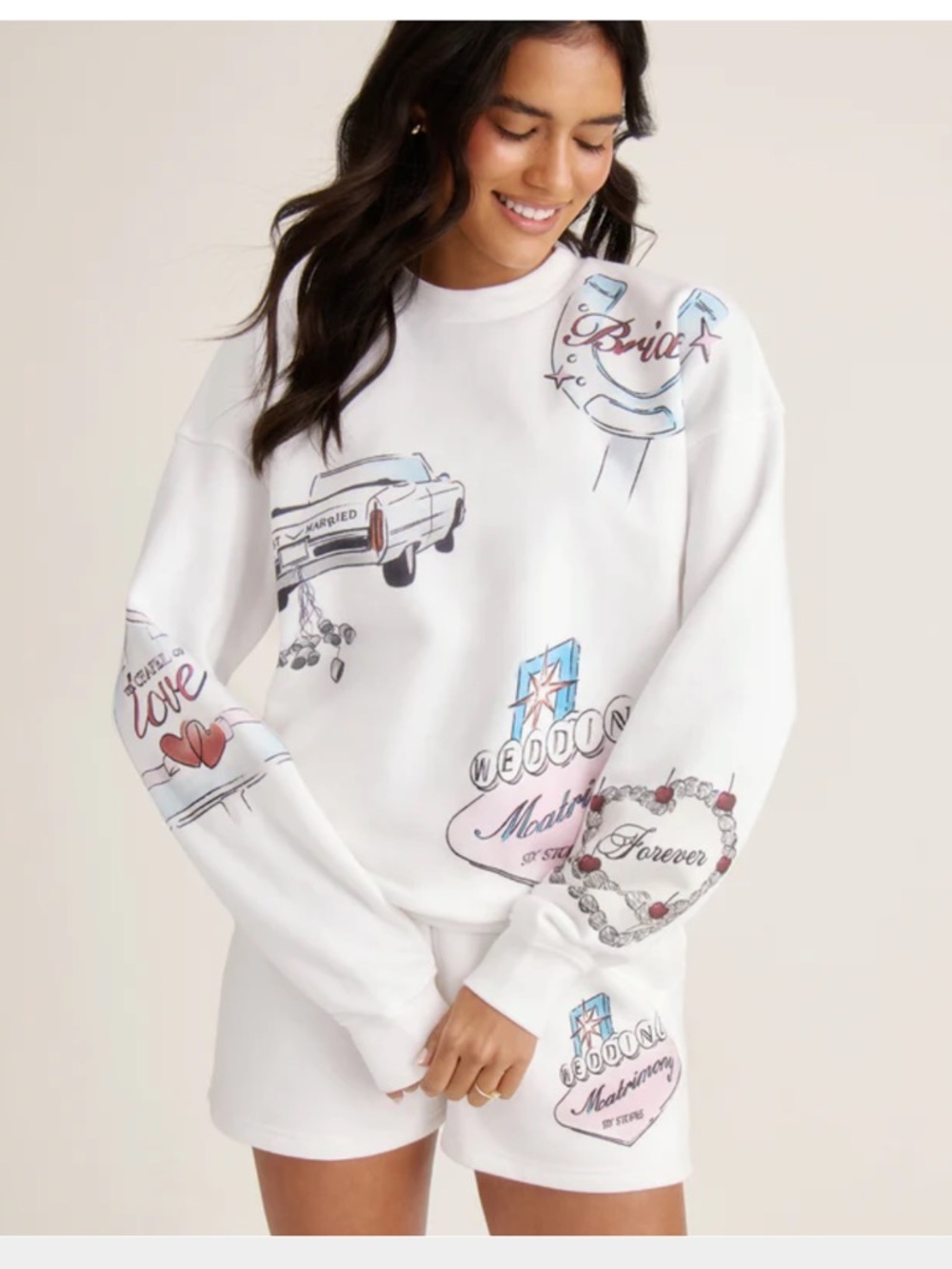 White Graphic Crewneck Sweatshirt with Pastel Wedding Motifs
